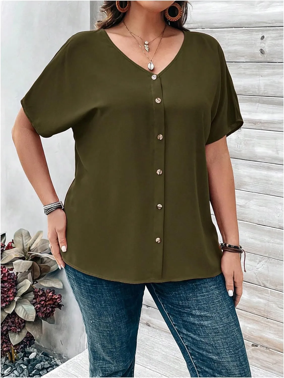 Verdusa Women's Plus Size Tops Button Front Short Sleeve V Neck T Shirts