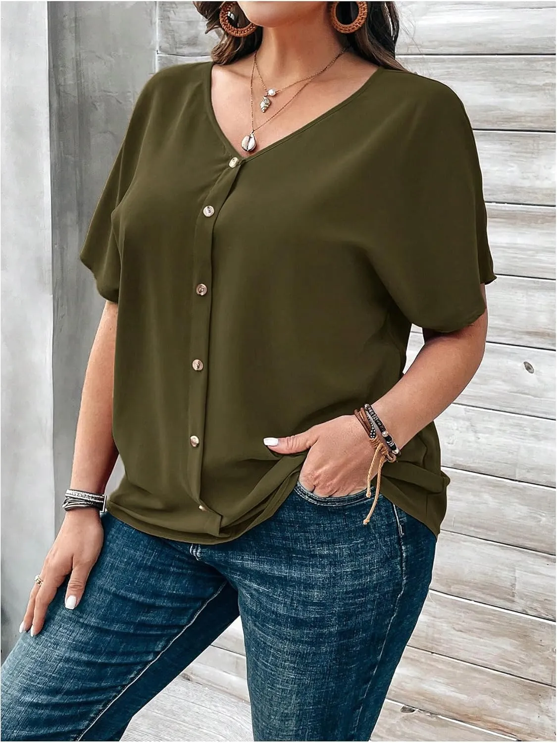 Verdusa Women's Plus Size Tops Button Front Short Sleeve V Neck T Shirts
