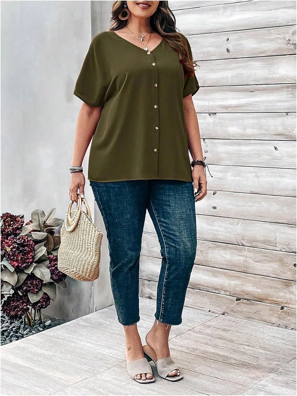 Verdusa Women's Plus Size Tops Button Front Short Sleeve V Neck T Shirts