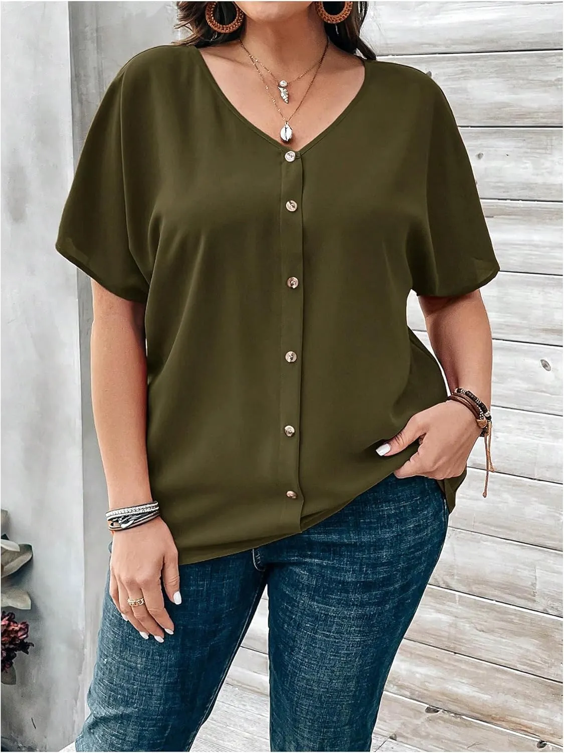 Verdusa Women's Plus Size Tops Button Front Short Sleeve V Neck T Shirts
