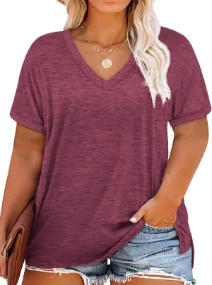 VISLILY Plus-Size-Womens-Tops V Neck Roll Sleeve T Shirts Summer Side Split Tee