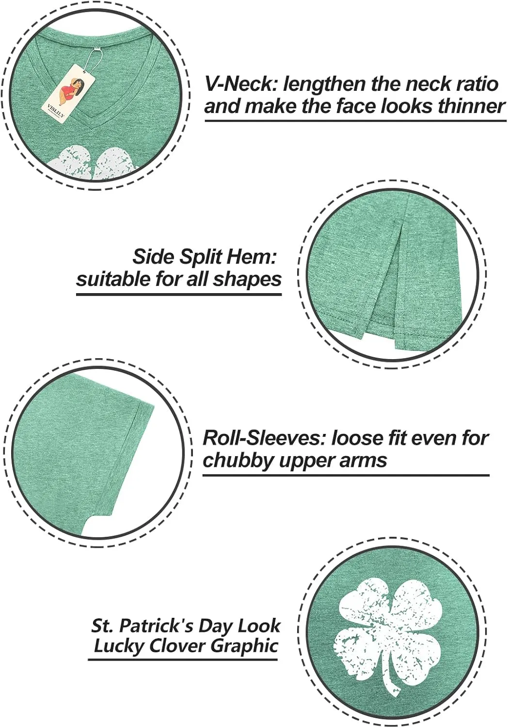VISLILY Plus-Size-Womens-Tops V Neck Roll Sleeve T Shirts Summer Side Split Tee