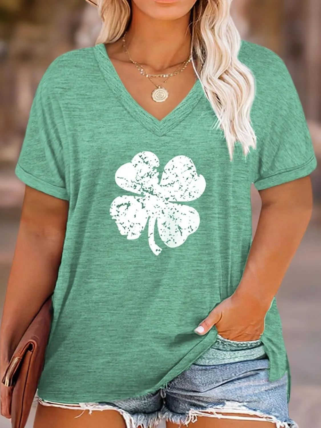 VISLILY Plus-Size-Womens-Tops V Neck Roll Sleeve T Shirts Summer Side Split Tee