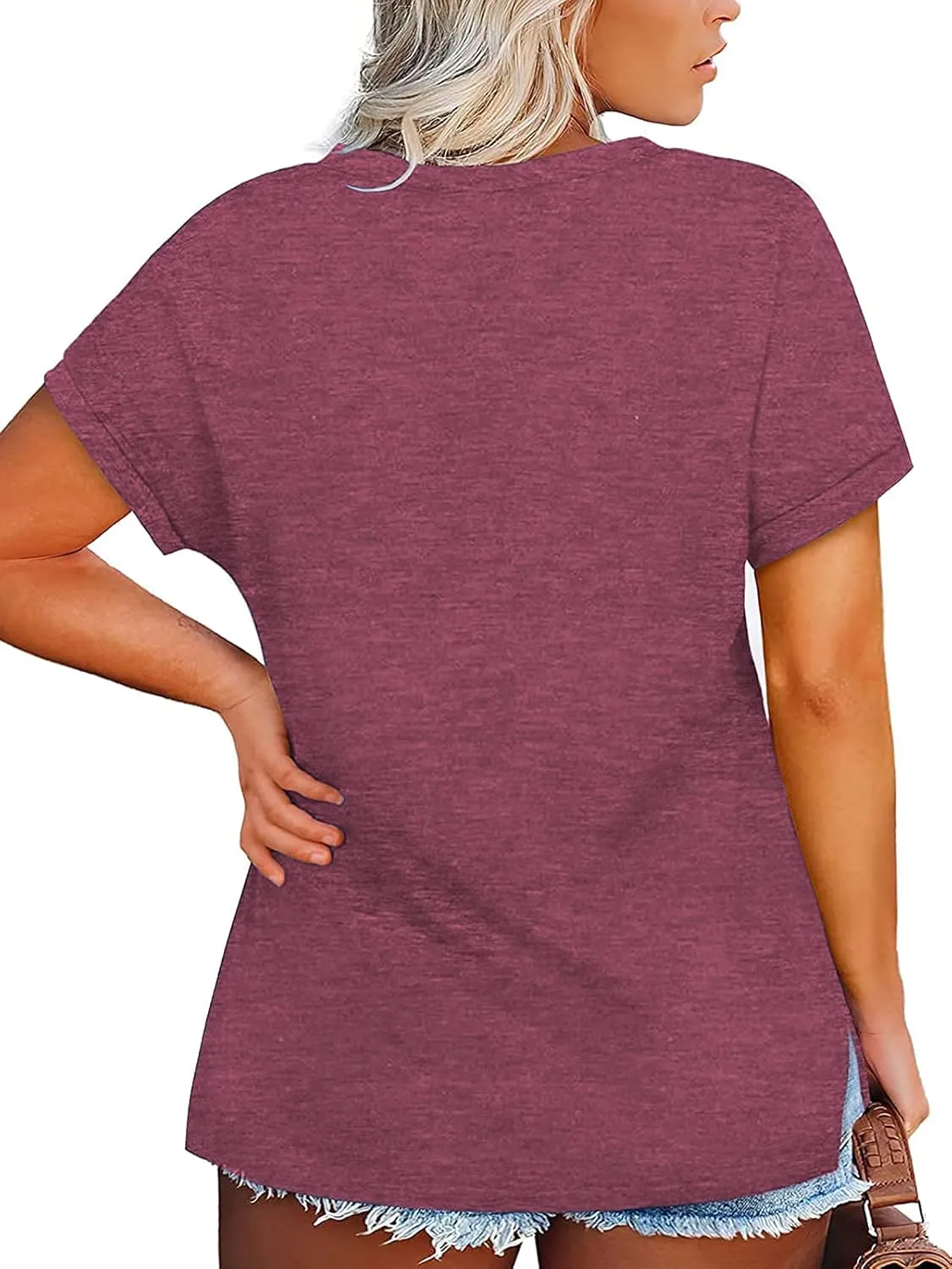 VISLILY Plus-Size-Womens-Tops V Neck Roll Sleeve T Shirts Summer Side Split Tee