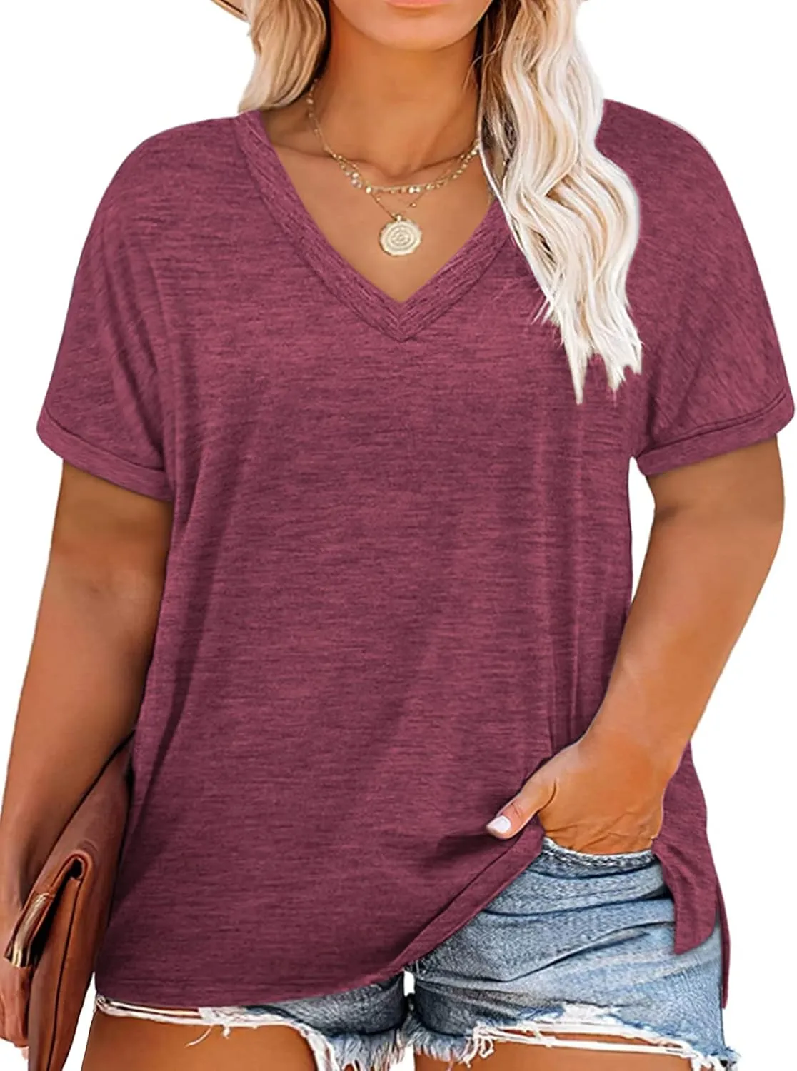 VISLILY Plus-Size-Womens-Tops V Neck Roll Sleeve T Shirts Summer Side Split Tee
