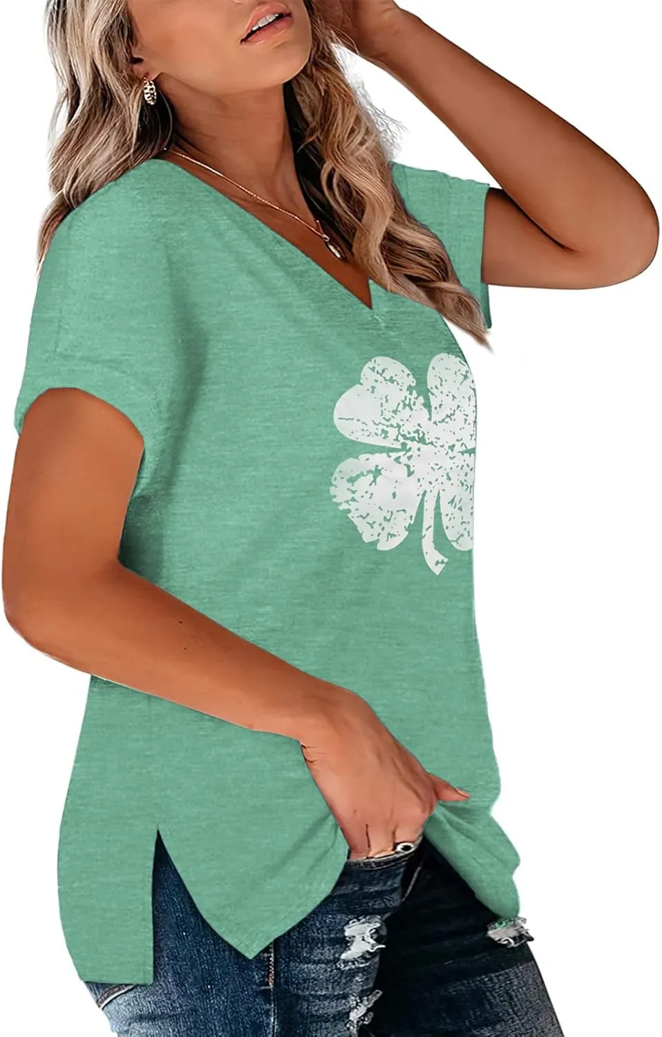 VISLILY Plus-Size-Womens-Tops V Neck Roll Sleeve T Shirts Summer Side Split Tee