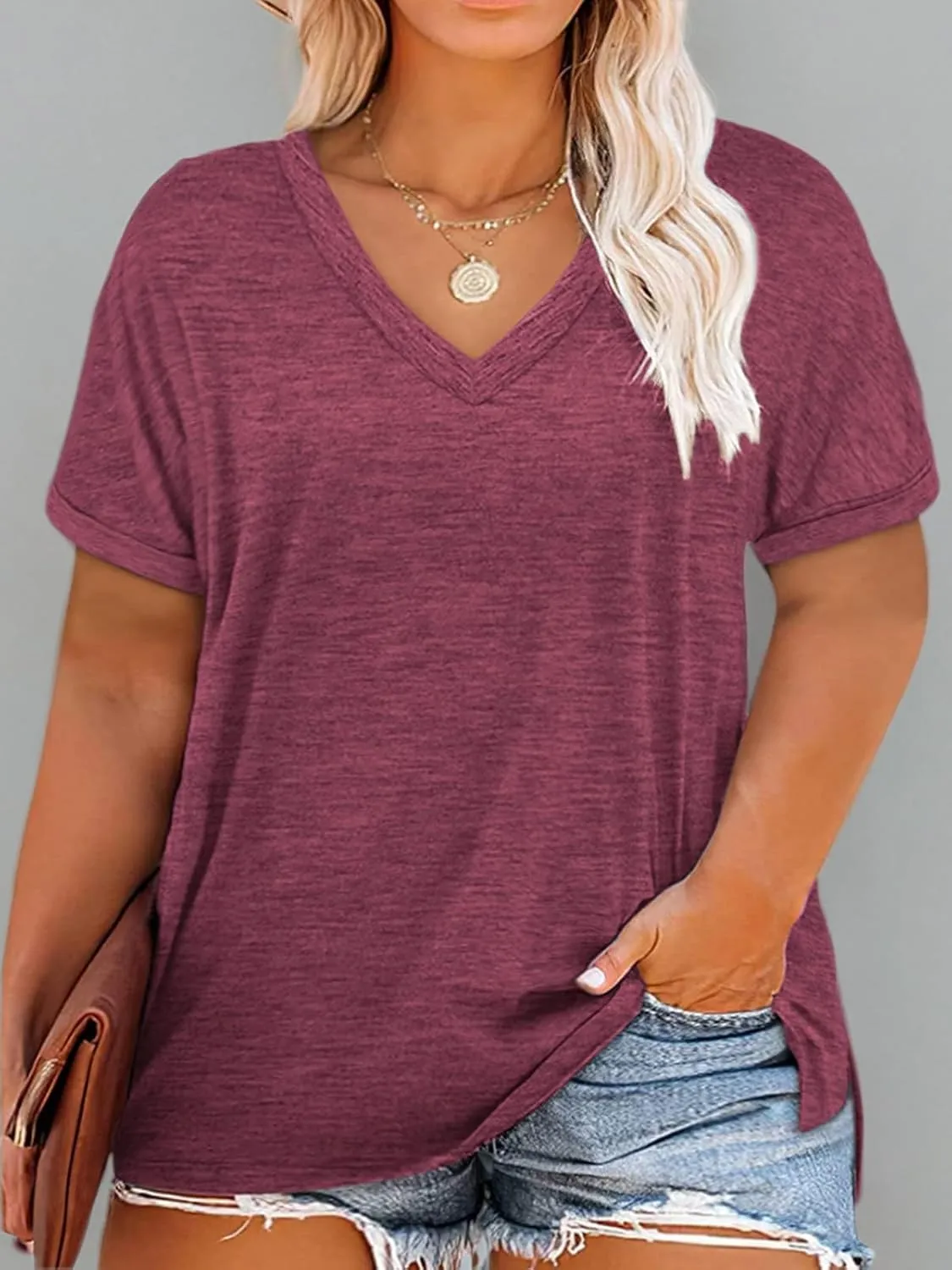 VISLILY Plus-Size-Womens-Tops V Neck Roll Sleeve T Shirts Summer Side Split Tee