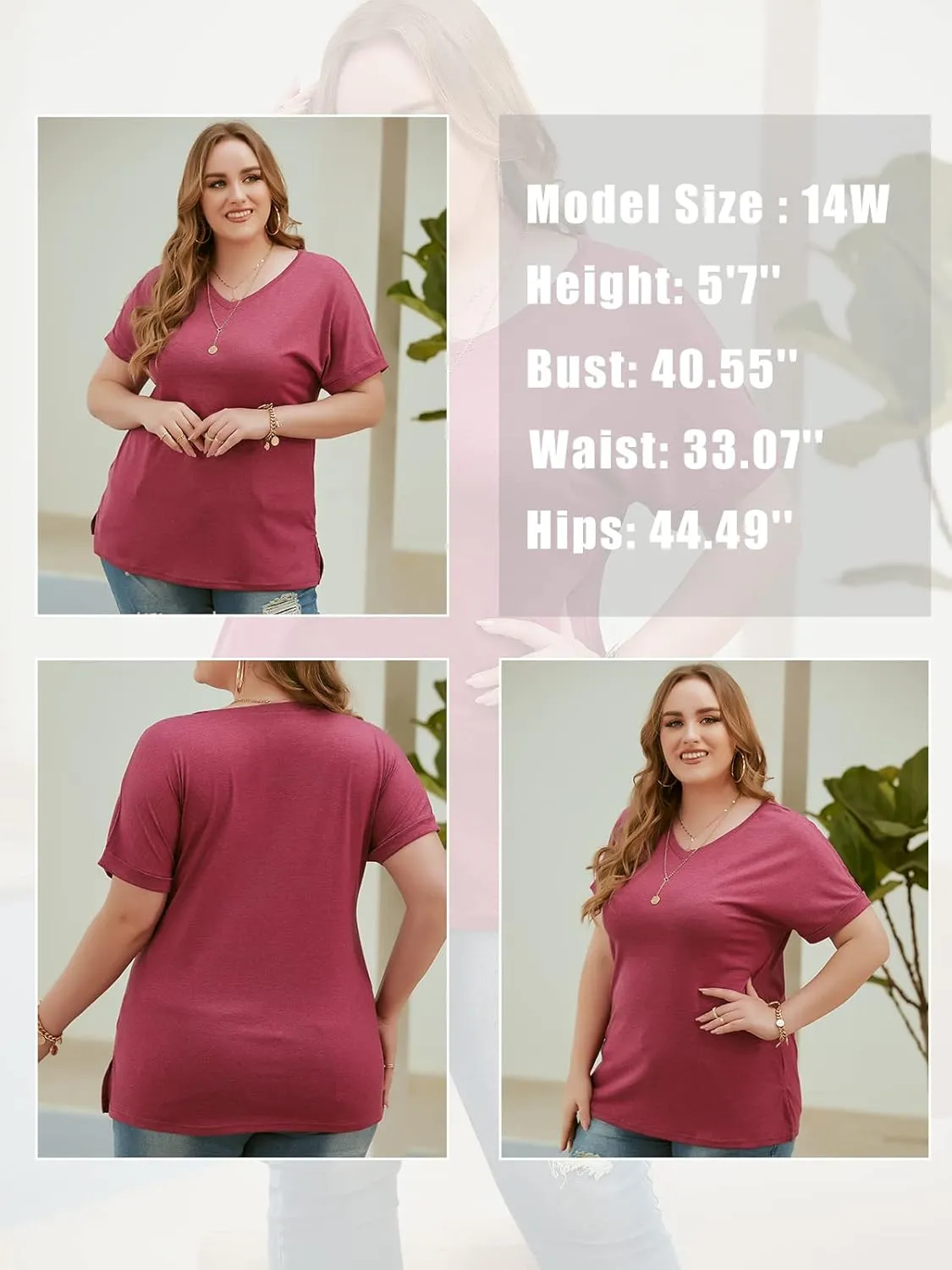 VISLILY Plus-Size-Womens-Tops V Neck Roll Sleeve T Shirts Summer Side Split Tee