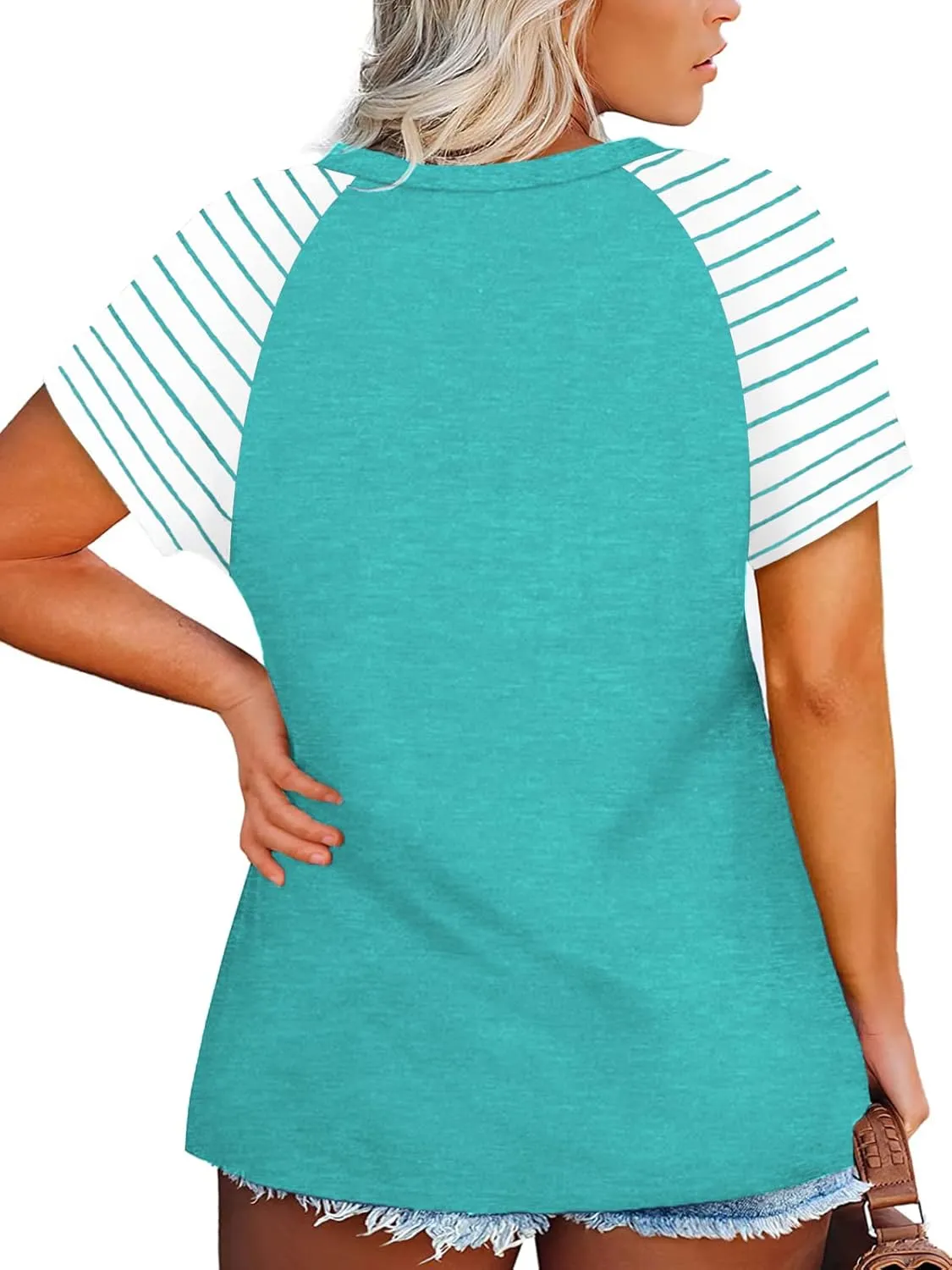 VISLILY Women's-Plus-Size-Tops V Neck Striped Raglan T Shirts Summer Short Sleeve Tee