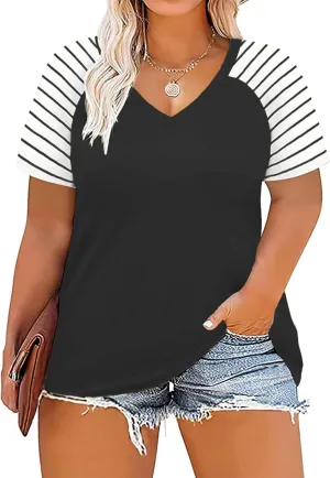 VISLILY Women's-Plus-Size-Tops V Neck Striped Raglan T Shirts Summer Short Sleeve Tee