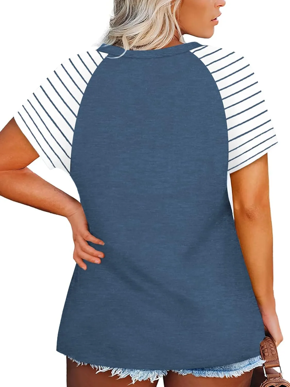 VISLILY Women's-Plus-Size-Tops V Neck Striped Raglan T Shirts Summer Short Sleeve Tee