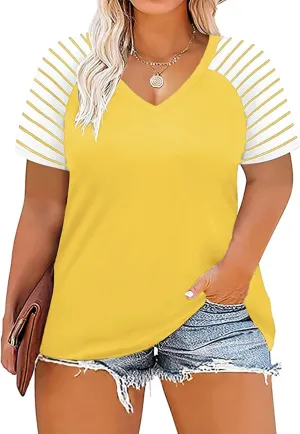 VISLILY Women's-Plus-Size-Tops V Neck Striped Raglan T Shirts Summer Short Sleeve Tee
