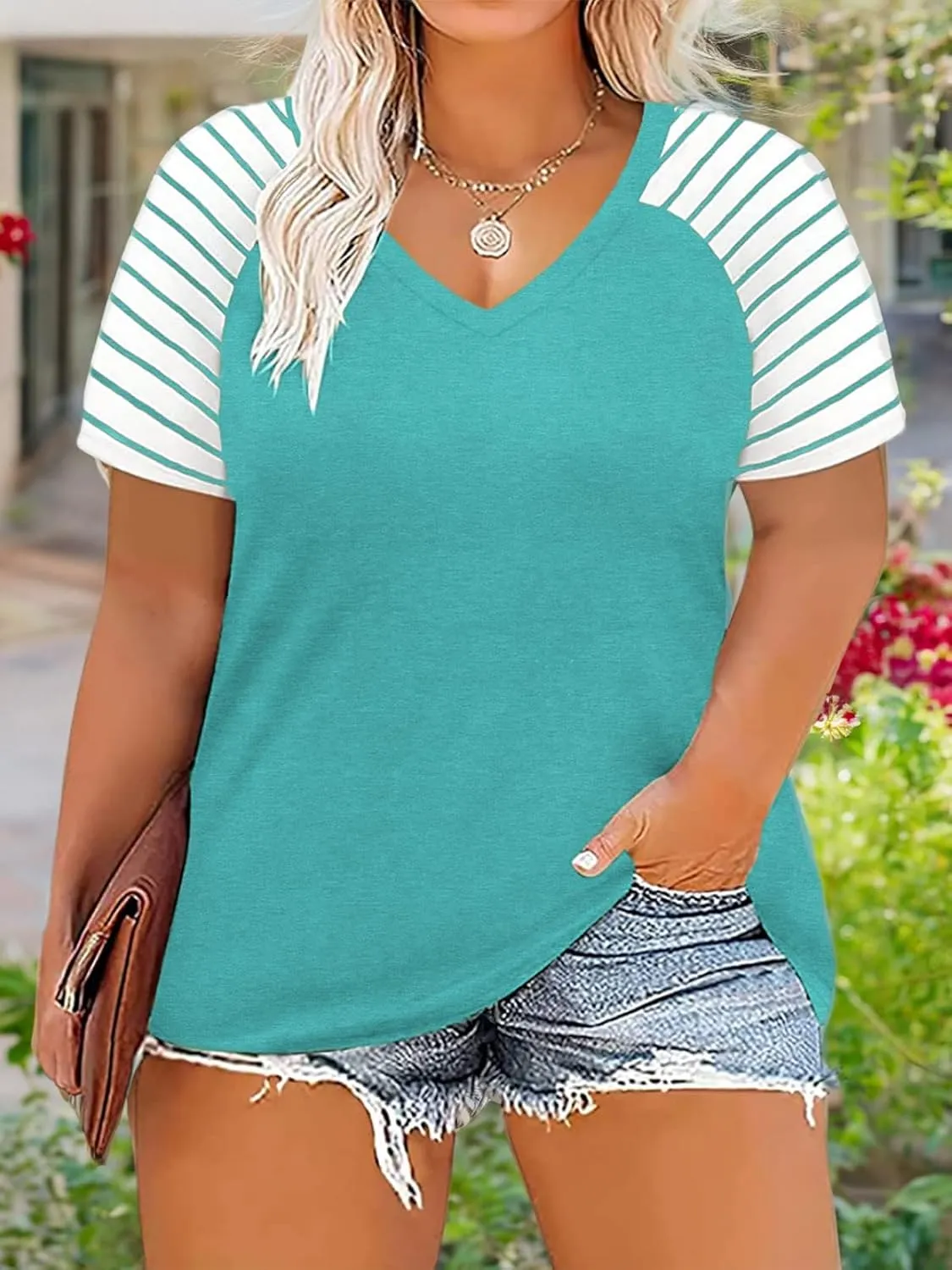 VISLILY Women's-Plus-Size-Tops V Neck Striped Raglan T Shirts Summer Short Sleeve Tee