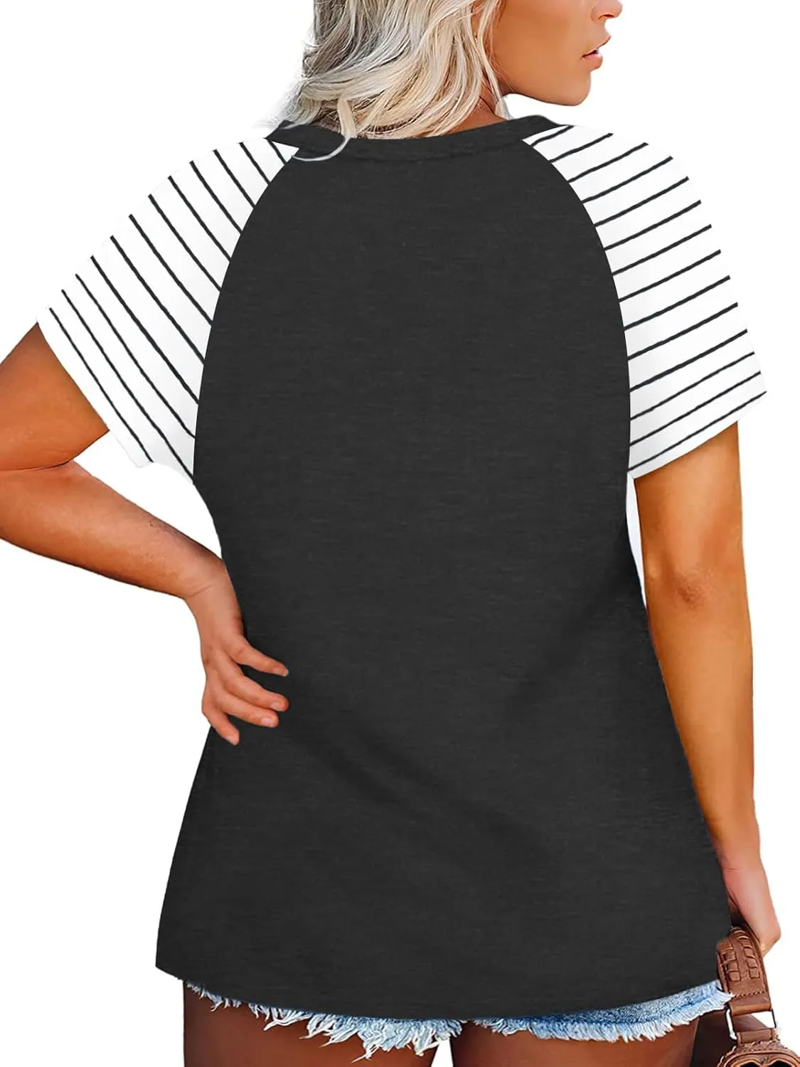VISLILY Women's-Plus-Size-Tops V Neck Striped Raglan T Shirts Summer Short Sleeve Tee
