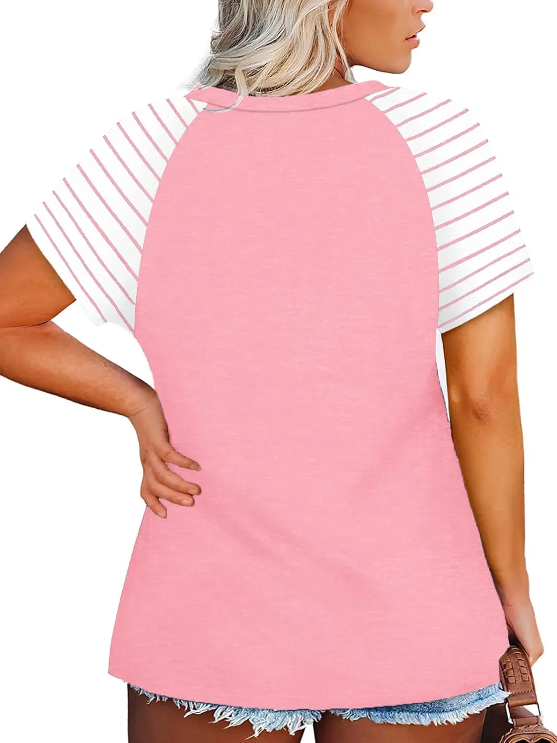 VISLILY Women's-Plus-Size-Tops V Neck Striped Raglan T Shirts Summer Short Sleeve Tee