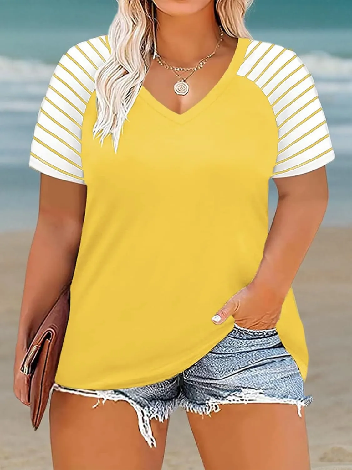 VISLILY Women's-Plus-Size-Tops V Neck Striped Raglan T Shirts Summer Short Sleeve Tee