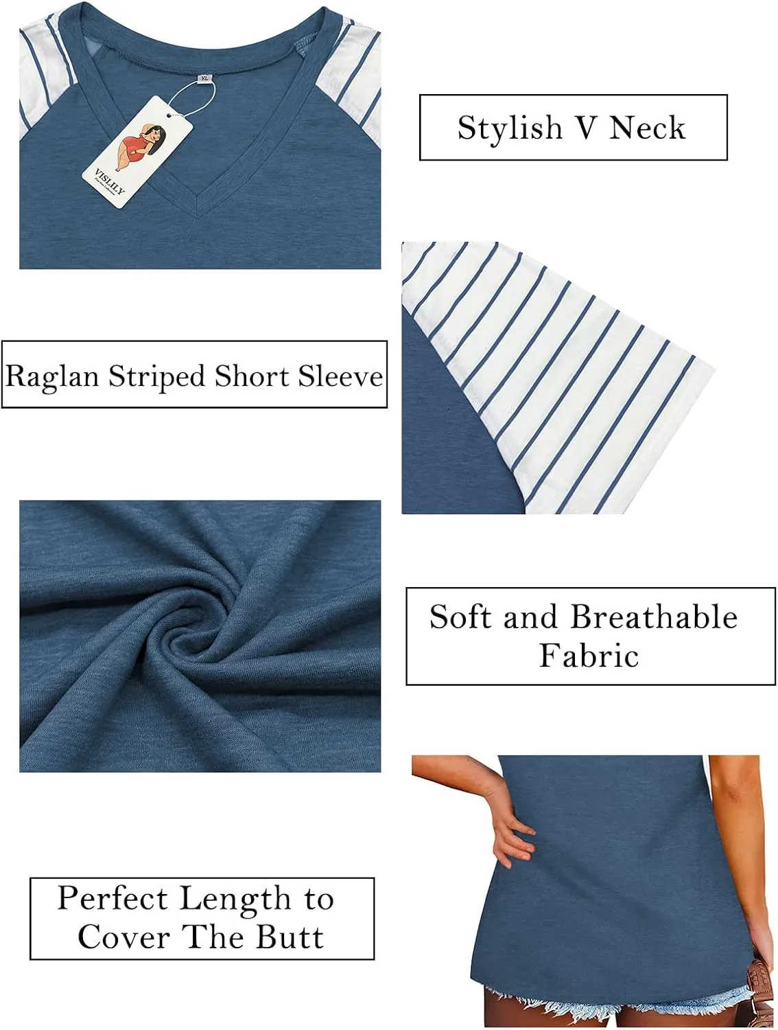 VISLILY Women's-Plus-Size-Tops V Neck Striped Raglan T Shirts Summer Short Sleeve Tee
