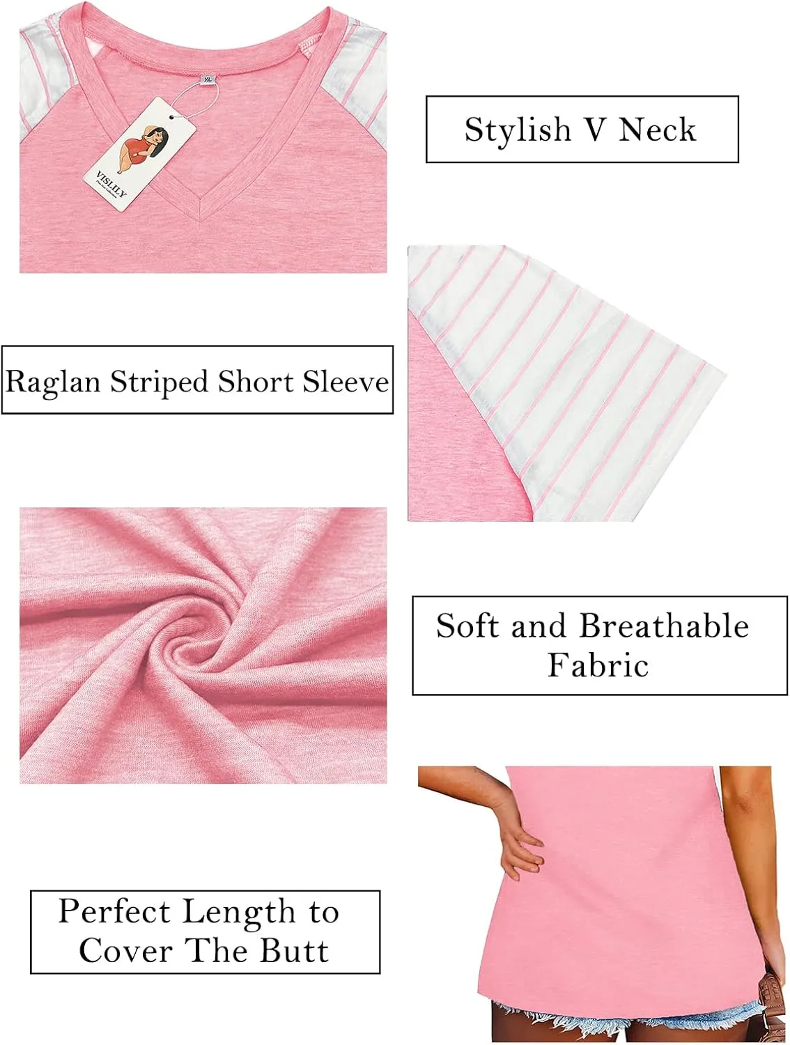VISLILY Women's-Plus-Size-Tops V Neck Striped Raglan T Shirts Summer Short Sleeve Tee