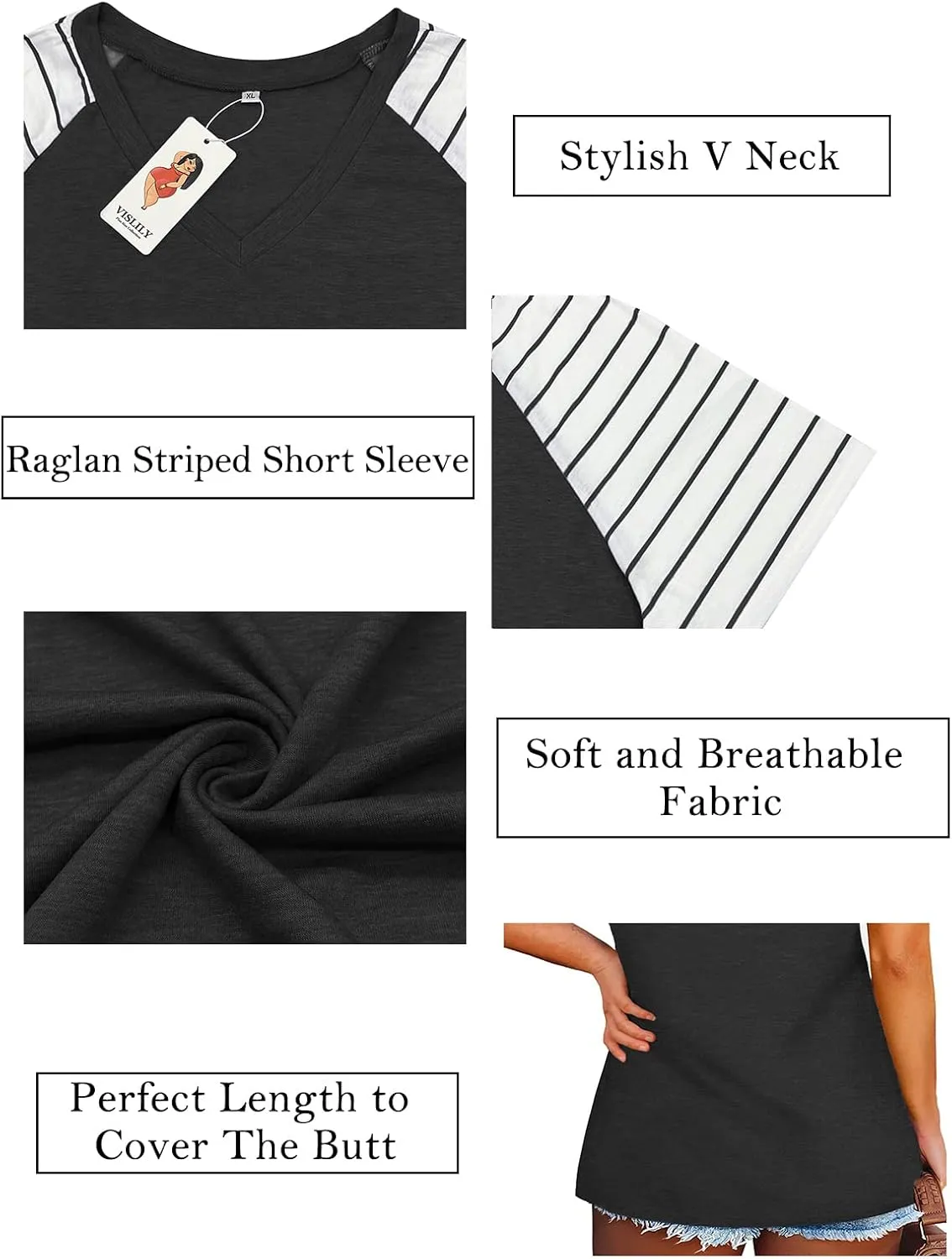VISLILY Women's-Plus-Size-Tops V Neck Striped Raglan T Shirts Summer Short Sleeve Tee