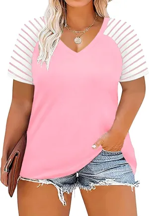 VISLILY Women's-Plus-Size-Tops V Neck Striped Raglan T Shirts Summer Short Sleeve Tee