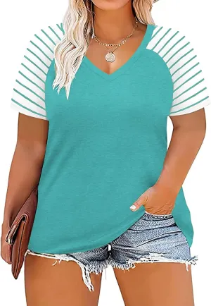 VISLILY Women's-Plus-Size-Tops V Neck Striped Raglan T Shirts Summer Short Sleeve Tee