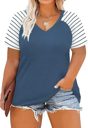 VISLILY Women's-Plus-Size-Tops V Neck Striped Raglan T Shirts Summer Short Sleeve Tee