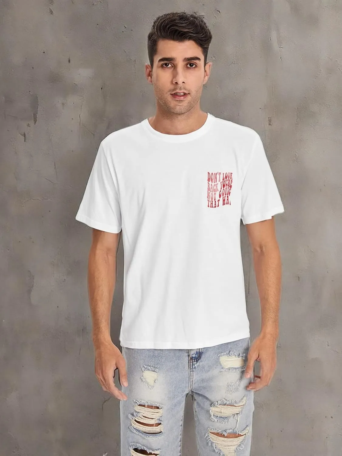 WDIRARA Men's Graphic Letter Print Short Sleeve T Shirts Round Neck Tee Top