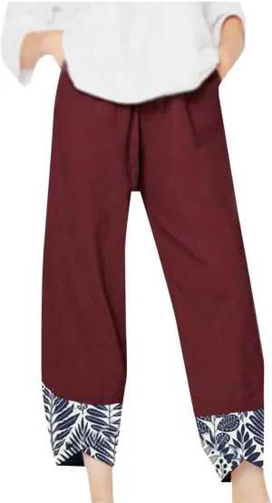 Wide Leg Linen Pants for Womens Capri Summer Pants Palazzo Lounge Elastic Waist Cropped Beach Trousers Slacks Clothes