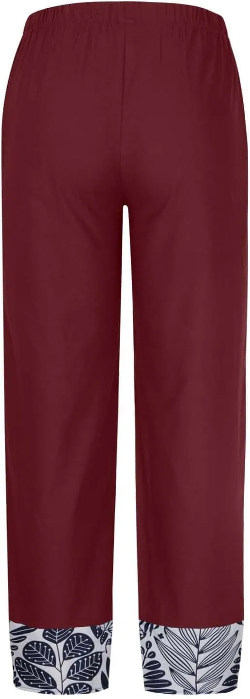 Wide Leg Linen Pants for Womens Capri Summer Pants Palazzo Lounge Elastic Waist Cropped Beach Trousers Slacks Clothes