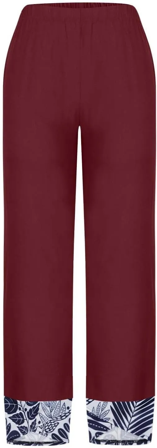 Wide Leg Linen Pants for Womens Capri Summer Pants Palazzo Lounge Elastic Waist Cropped Beach Trousers Slacks Clothes