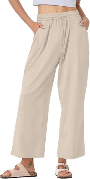 Wide Leg Linen Pants Women Palazzo Trousers Summer Casual Vacation Trousers Lounge Pant with Pockets