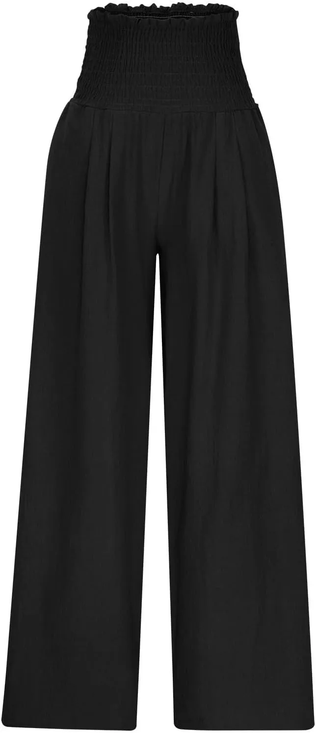 Wide Leg Palazzo Pants for Women Cotton Linen Smocked High Waisted Flowy Loose Casual Lounge Trousers with Pockets
