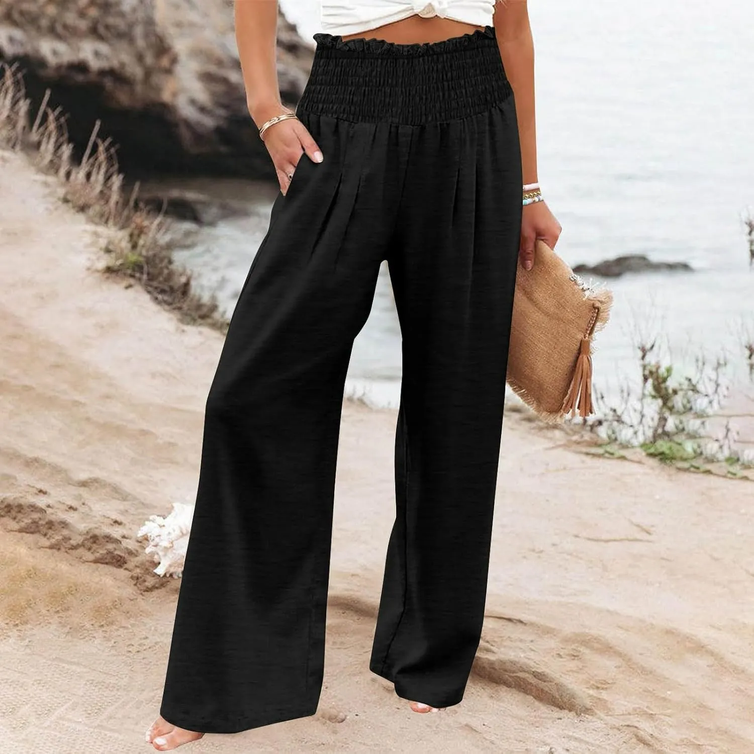Wide Leg Palazzo Pants for Women Cotton Linen Smocked High Waisted Flowy Loose Casual Lounge Trousers with Pockets