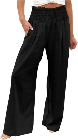 Wide Leg Palazzo Pants for Women Cotton Linen Smocked High Waisted Flowy Loose Casual Lounge Trousers with Pockets