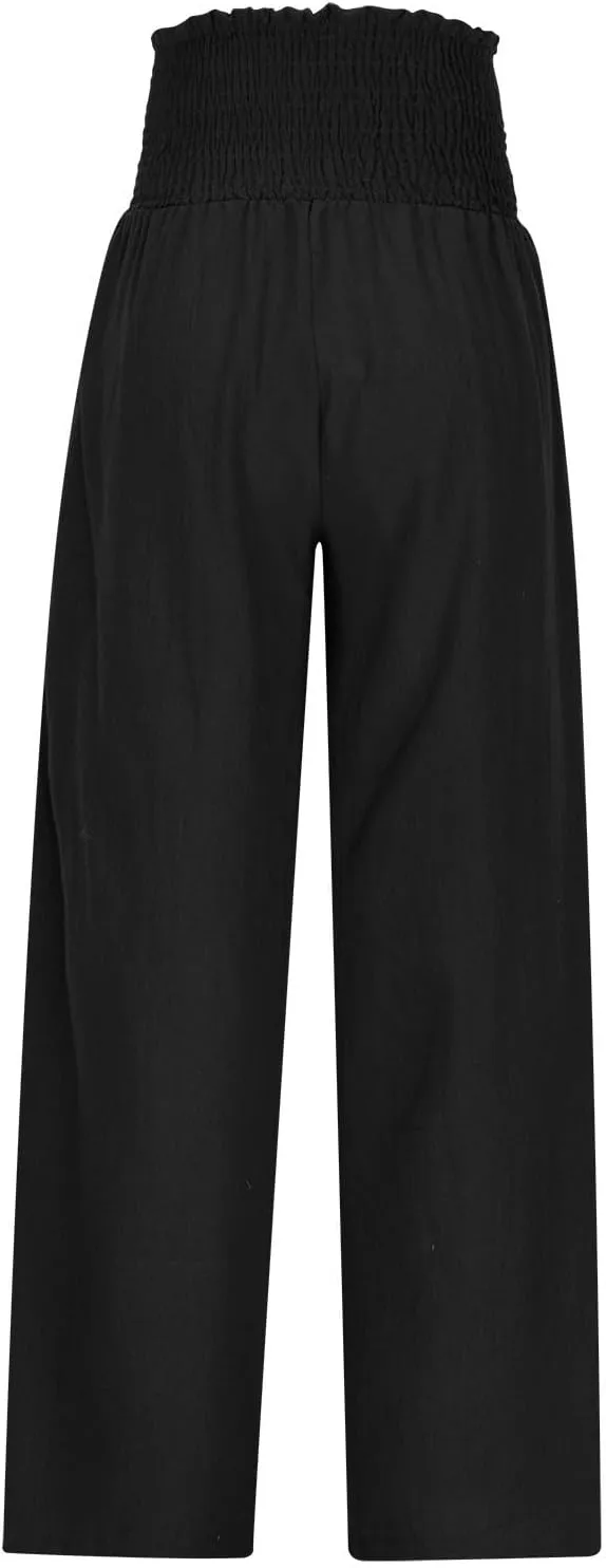 Wide Leg Palazzo Pants for Women Cotton Linen Smocked High Waisted Flowy Loose Casual Lounge Trousers with Pockets