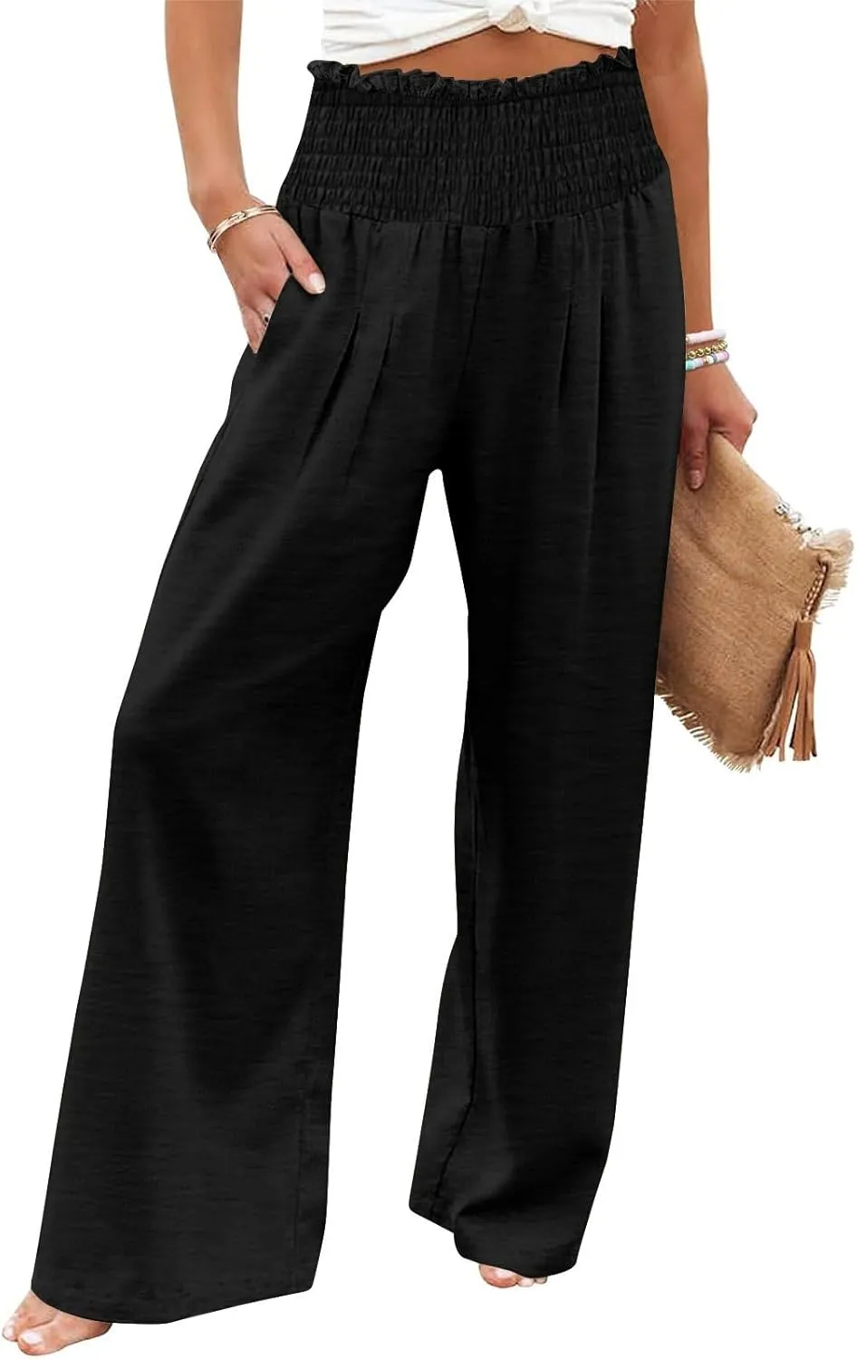 Wide Leg Palazzo Pants for Women Cotton Linen Smocked High Waisted Flowy Loose Casual Lounge Trousers with Pockets