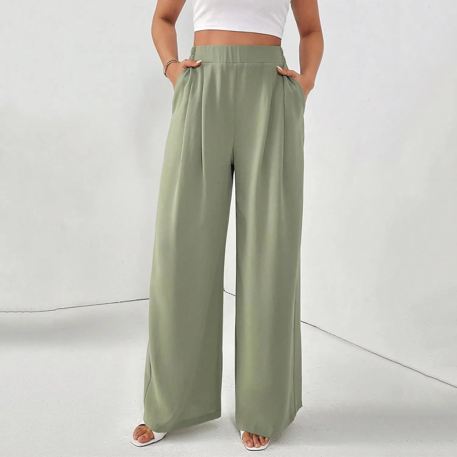 Wide Leg Palazzo Pants for Women with Pockets Elastic Business Causal Pants 2025 Summer Beach Travel Trousers