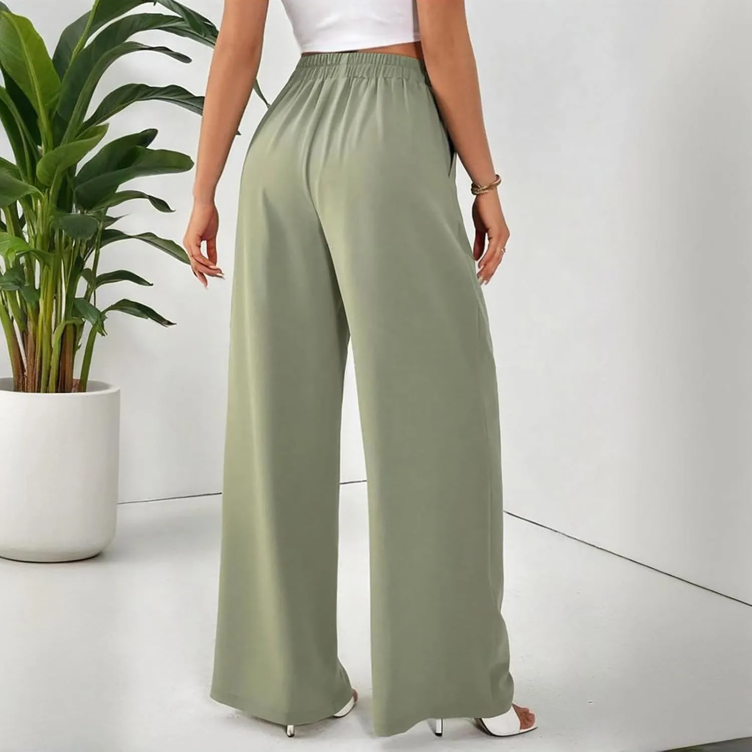 Wide Leg Palazzo Pants for Women with Pockets Elastic Business Causal Pants 2025 Summer Beach Travel Trousers