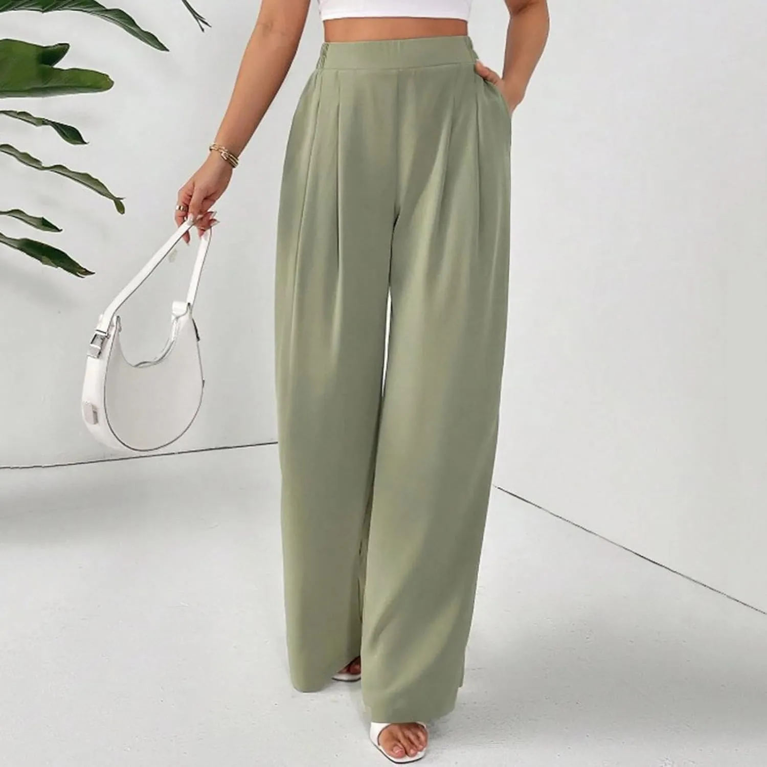 Wide Leg Palazzo Pants for Women with Pockets Elastic Business Causal Pants 2025 Summer Beach Travel Trousers