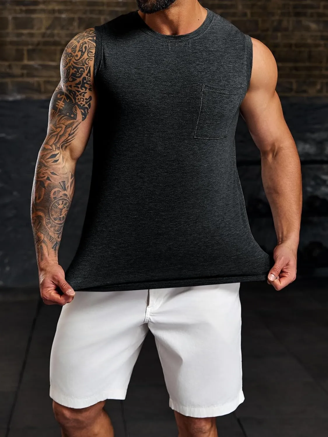Wihion Men's Sleeveless Gym Tank Tops with Pocket Workout Bodybuilding Muscle T Shirts