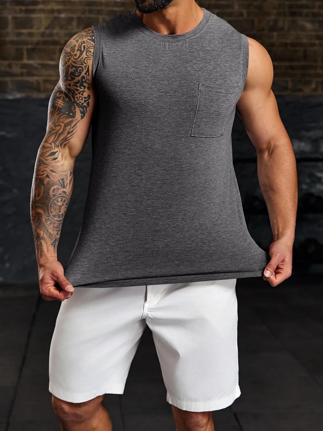 Wihion Men's Sleeveless Gym Tank Tops with Pocket Workout Bodybuilding Muscle T Shirts