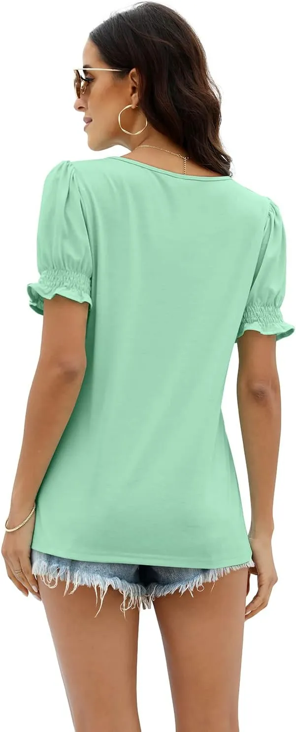 WIHOLL Tops for Women Summer Casual Ruffle Trim Sleeve Square Neck T Shirts