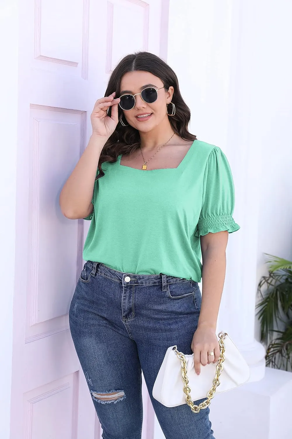 WIHOLL Tops for Women Summer Casual Ruffle Trim Sleeve Square Neck T Shirts