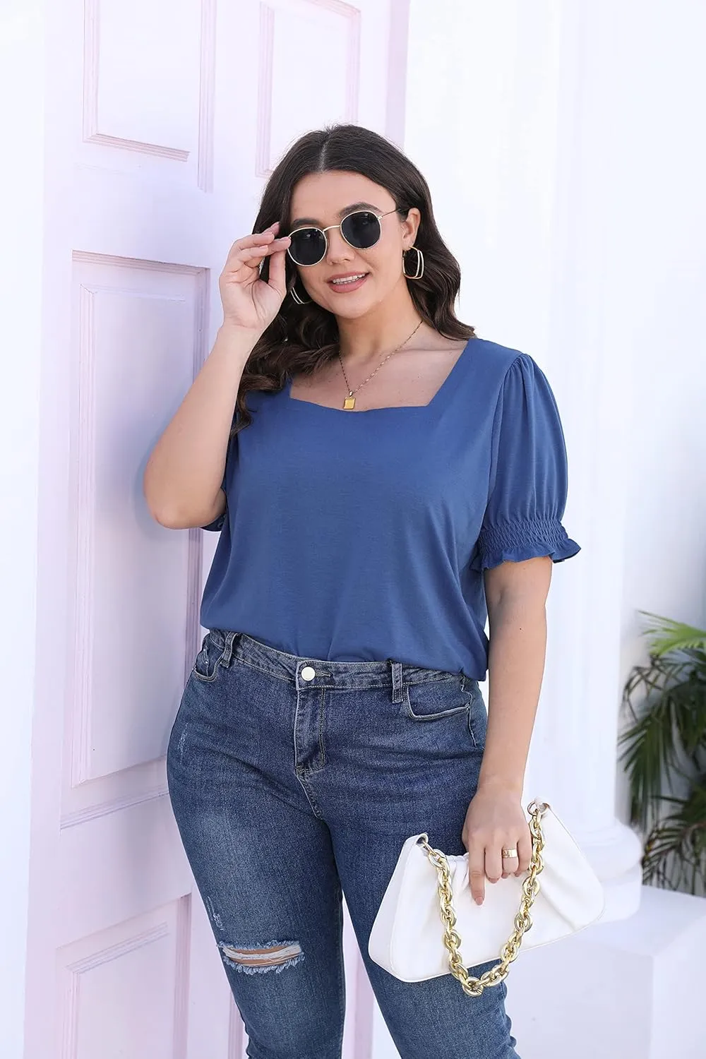 WIHOLL Tops for Women Summer Casual Ruffle Trim Sleeve Square Neck T Shirts