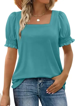 WIHOLL Tops for Women Summer Casual Ruffle Trim Sleeve Square Neck T Shirts
