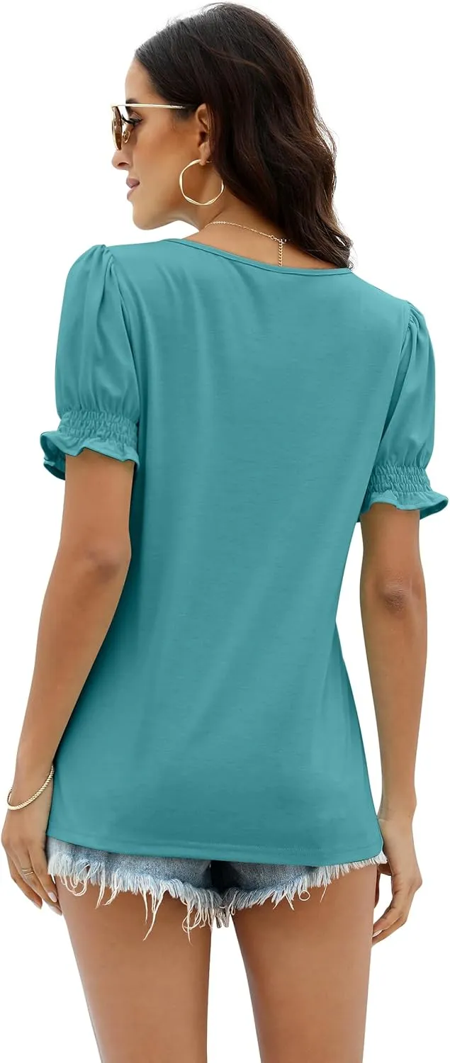 WIHOLL Tops for Women Summer Casual Ruffle Trim Sleeve Square Neck T Shirts