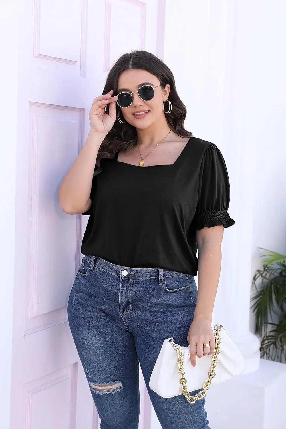 WIHOLL Tops for Women Summer Casual Ruffle Trim Sleeve Square Neck T Shirts