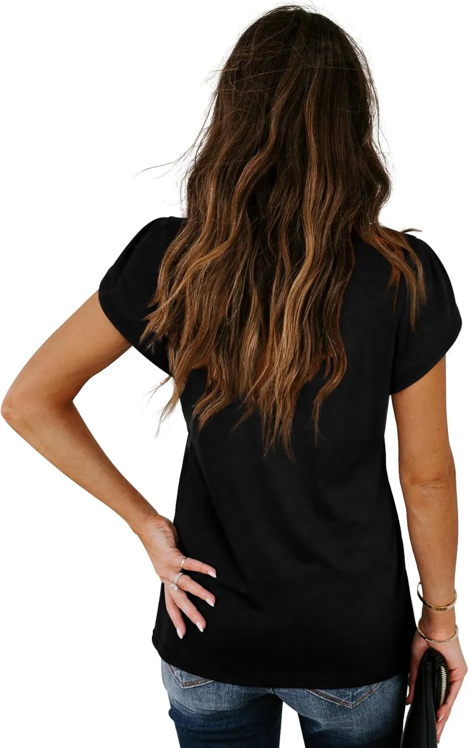 WIHOLL Womens Tops V Neck Summer Petal Sleeve Casual Tshirts