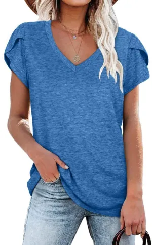 WIHOLL Womens Tops V Neck Summer Petal Sleeve Casual Tshirts