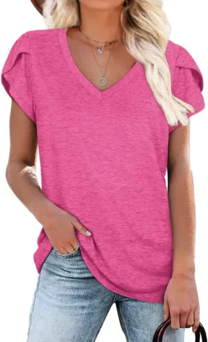 WIHOLL Womens Tops V Neck Summer Petal Sleeve Casual Tshirts
